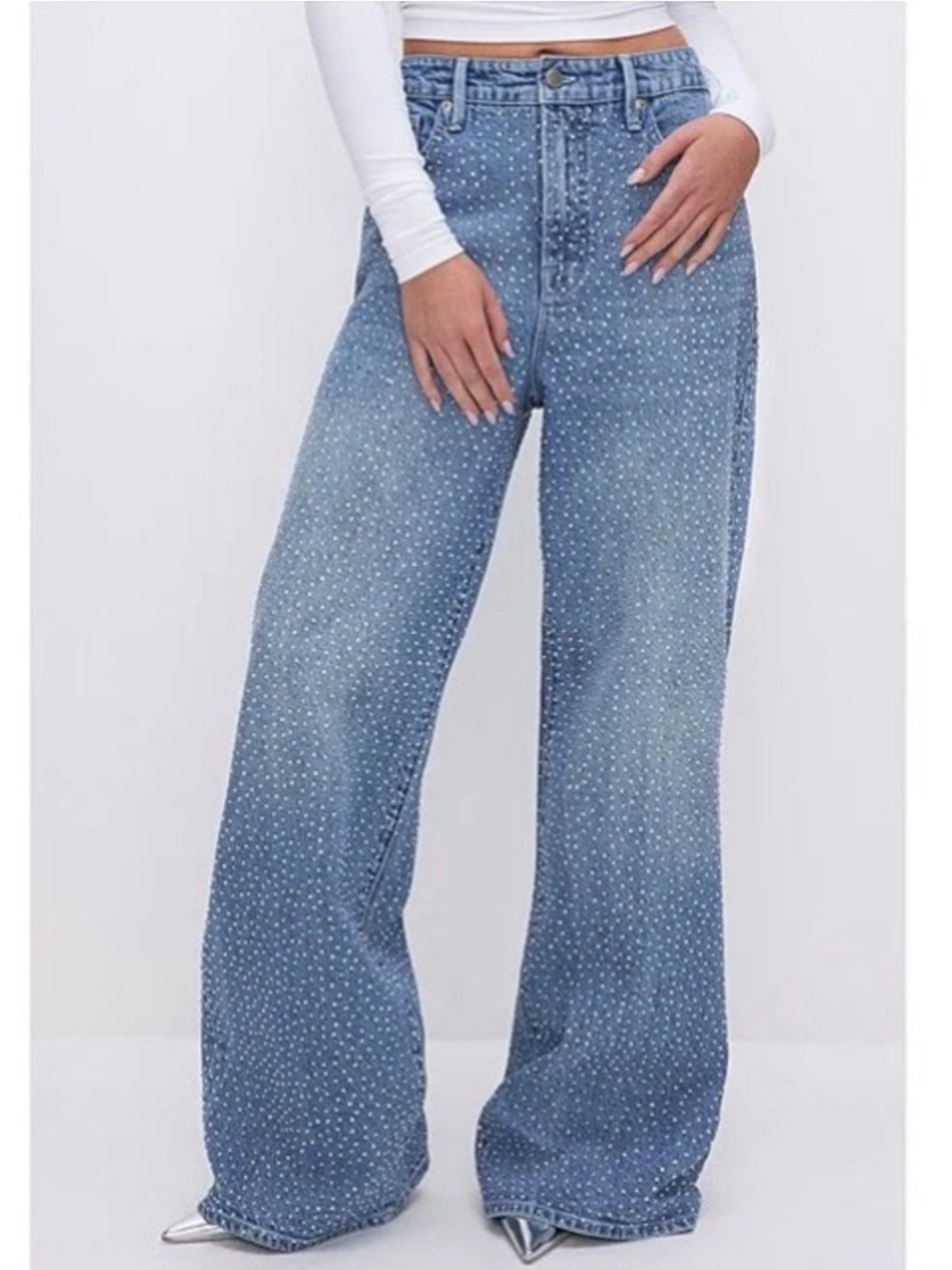 Good American Light Blue Wide-Leg Rhinestone Embellished Jeans